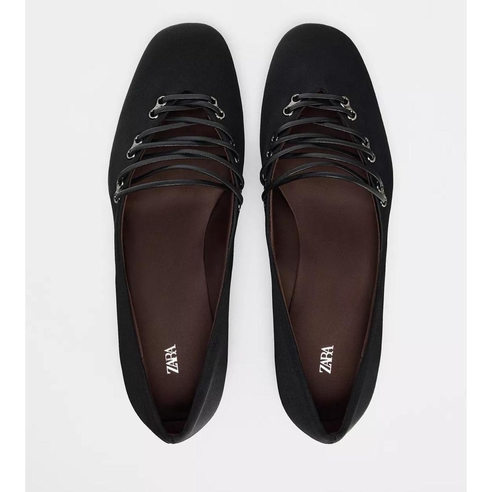 ✨SOLD✨ NWT Zara Satin Lace Up Ballet Flats in Black - 8 - Picture 4 of 8